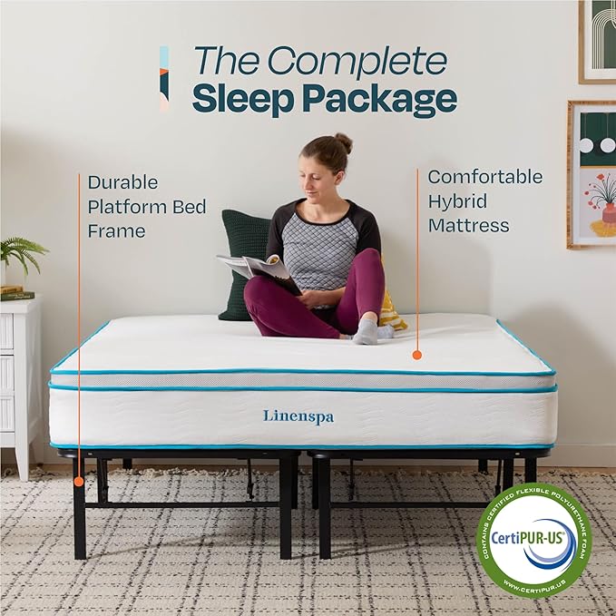 Linenspa 10” Memory Foam and Innerspring Hybrid Mattress + 14” Black Metal Platform Bed – Twin XL Mattress + Metal Folding Twin XL Bedframe