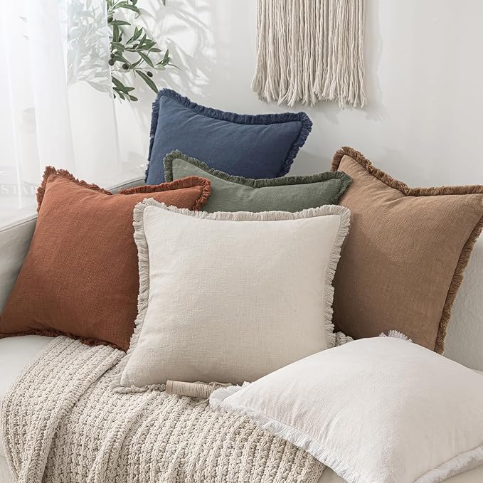 MIULEE Linen Fringe Decorative Euro Throw Pillow Covers Indigo Blue 24x24 | Set - Image 6
