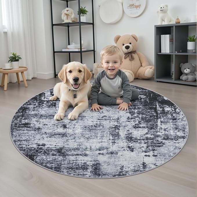 Round Area Rug Living Room: 5 ft Modern Washable Carpet Dark | - Image 2