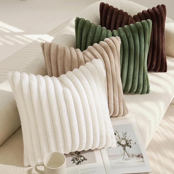 decorUhome Fall Faux Fur Throw Pillow Covers 26x26 Set of 2 Cream White | - Image 7
