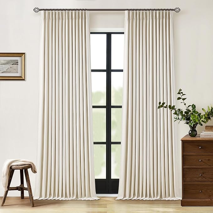 Cream Beige Pleated 100% Blackout Linen Curtains 108 Inches Long Set of 2 | by Twodrapes