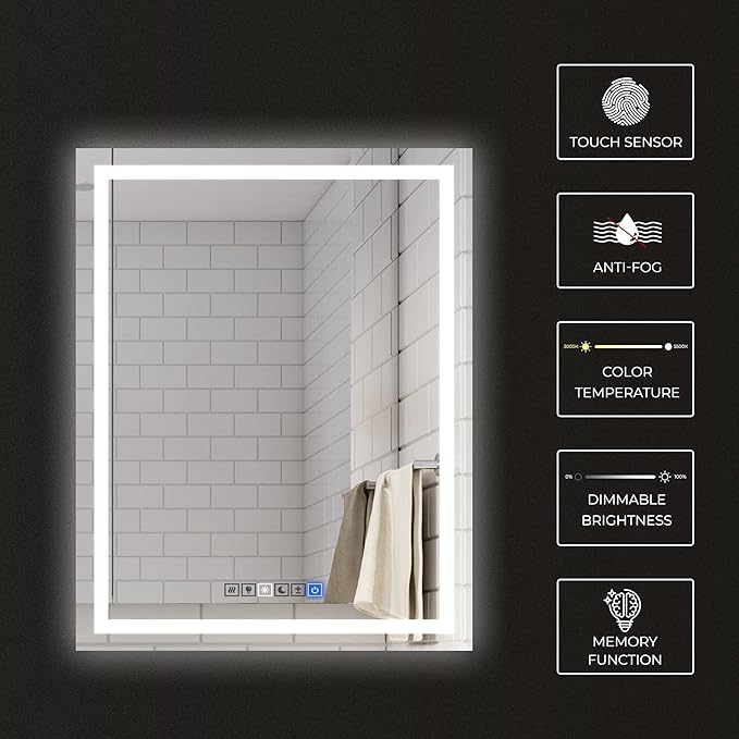 Fab Glass and Mirror LED Mirror 28x36 Inches, Led Bathroom Mirror with Lights Front and Backlit Anti-Fog Memory Brightness, Three Color Options Frameless Wall Mounted Bathroom Vanity Mirror