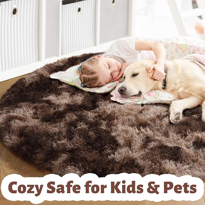 Amdrebio Brown Tan Round Fluffy Kids Area Rug 5Ft - Image 2