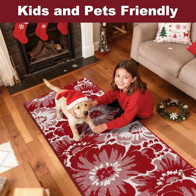 Findosom Christmas Runner Rug 2x8, Non Slip High-Low Textured Floral Washable - Image 4