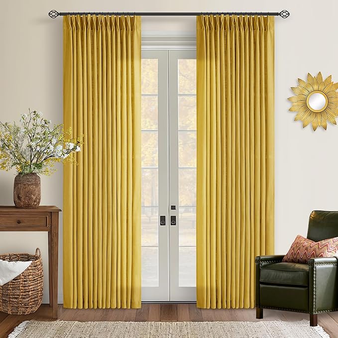 Mustard Yellow 80 Inch Pinch Pleated Linen Light Filtering Curtains 2 Panels by Twodrapes