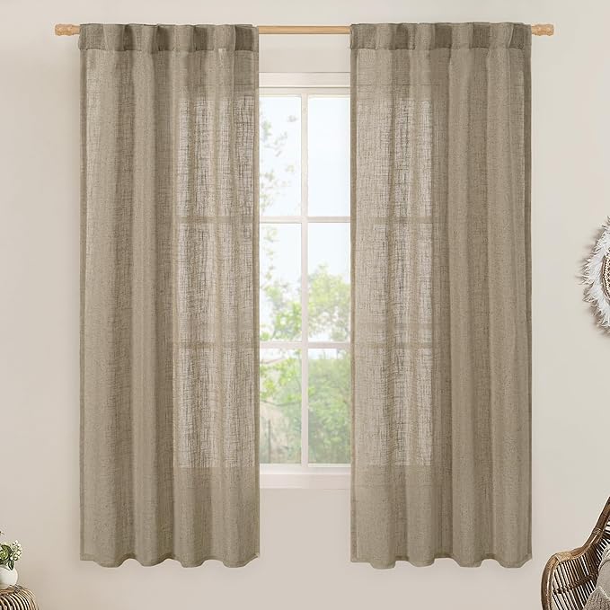 Taupe Semi Sheer Window Linen Curtains 63 Inch Length by LAMIT