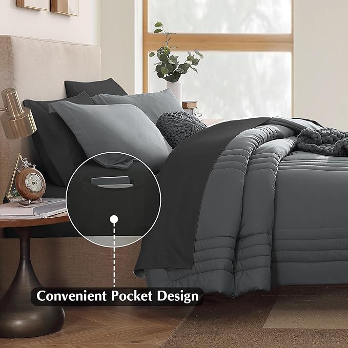 Monbix King Size Comforter Set - 7 Pieces Bed in a Bag King, Grey Bedding Sets with Comforter, All Seasons Down Alternative Comforter Bed Set with Sheets, Pillowcases & Shams