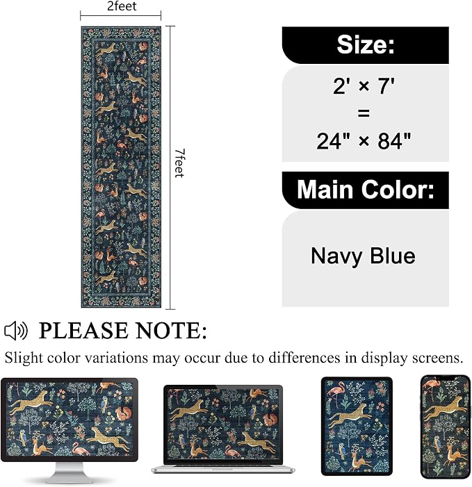 DUKINO 2x7 Runner Rug for Hallway, Washable Kitchen Rugs Non Slip Navy Blue | - Image 2