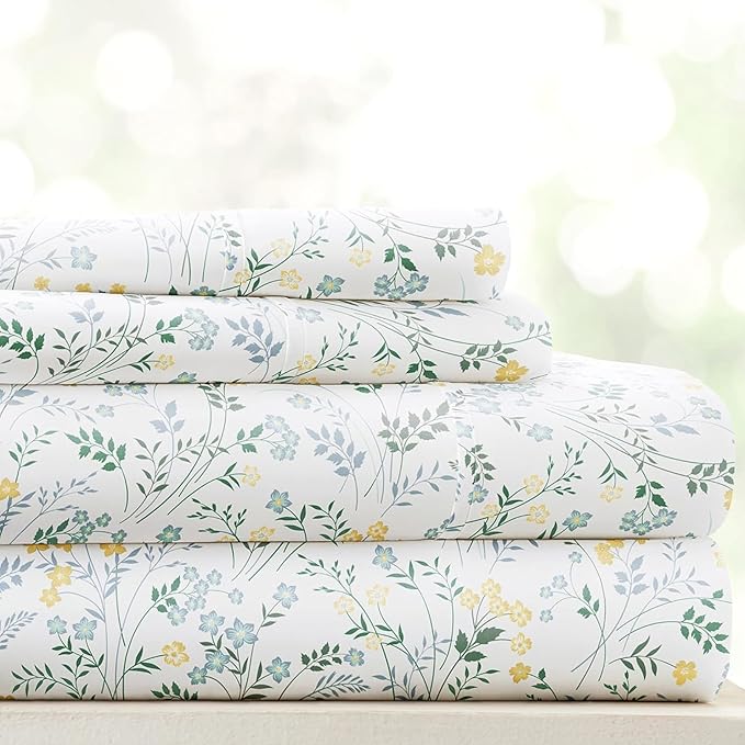 Linen Market 4 Piece King Sheet Set - Breathable, Double-Brushed Patterned Cooling Sheets – Oeko-TEX Certified Ultra Soft & Wrinkle-Free 16" Deep-Pocket King Sheets - Easy Care Wildflower Light Blue