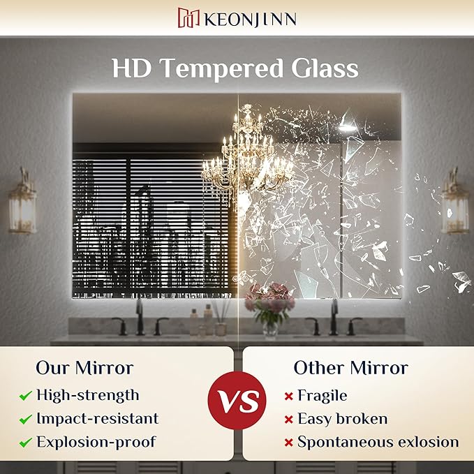 Keonjinn 60 x 28 Inch LED Bathroom Mirror with Lights Backlit Vanity Mirror Anti-Fog Lighted Bathroom Mirror Large Wall Mounted Dimmable Makeup Mirror with Memory Function(Horizontal/Vertical)