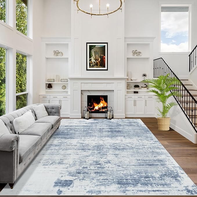 9x12 Area Rugs for Living Room: Washable Abstract Blue White Badroom Carpet | by GENTDRIZZ