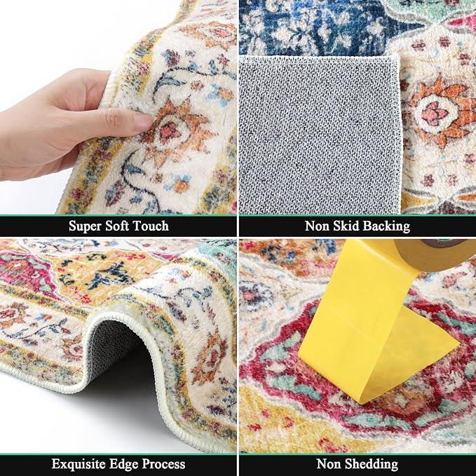HEBE Area Rug for Entryway 3'x5', Washable Non Slip Boho Bedroom Rug | Soft - Image 3