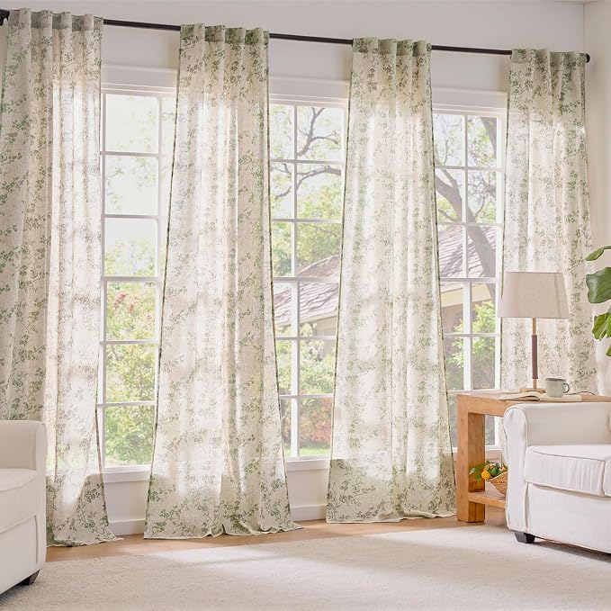 Green Vintage Floral Linen Curtains Farmhouse 38W X 84L 2 Panels | Elisa Series - Image 7
