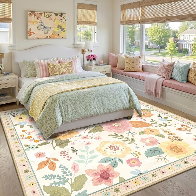 RELEANY Floral Washable Square 6ft Area Rug Beige/White/Orange | Flower Carpet - Image 9