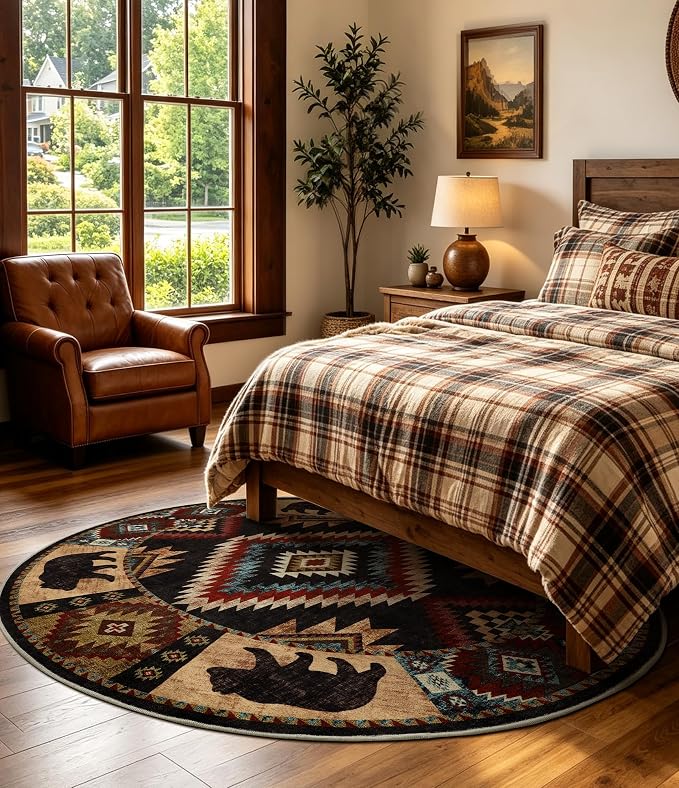 Southwestern Round Rug 4ft, Low Pile Soft Circle Rug - Image 5