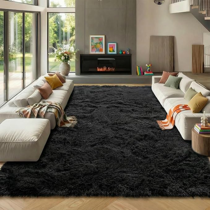 Black 8x10 Area Rugs for Living Room, Large Fluffy Shag Bedroom Rug, Ultra Soft by ONASAR