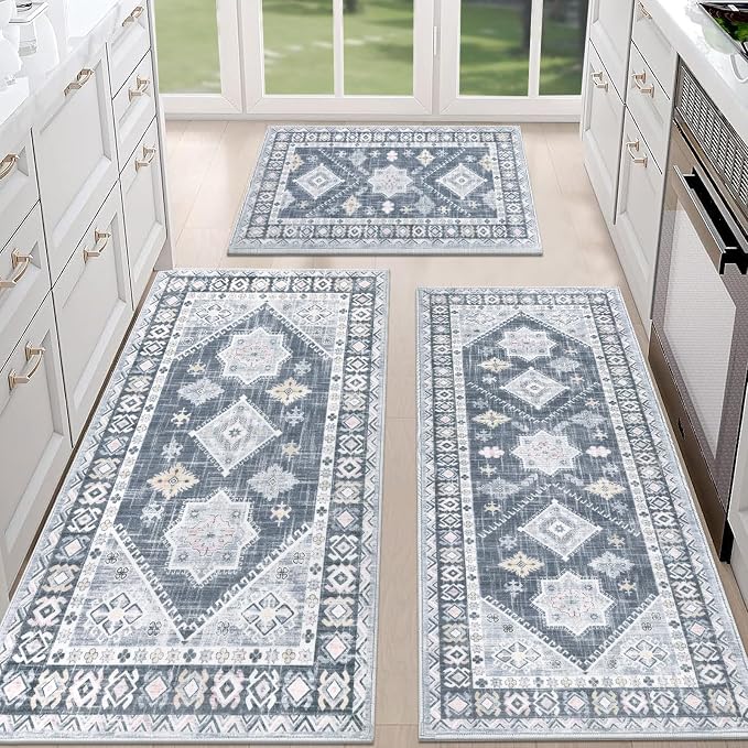 HEBE Boho Kitchen Rugs Set of 3, Non Slip Washable Kitchen Mats by HEBE