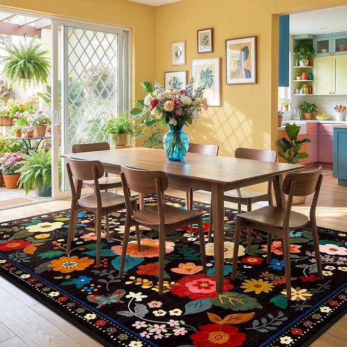 RELEANY Floral Washable 5x7 Area Rugs Black | Flower Carpet Print Boho Cute Non - Image 2