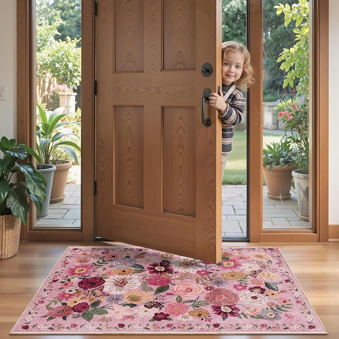 Pink Floral Hallway Runner Rug 2x4 - Image 2