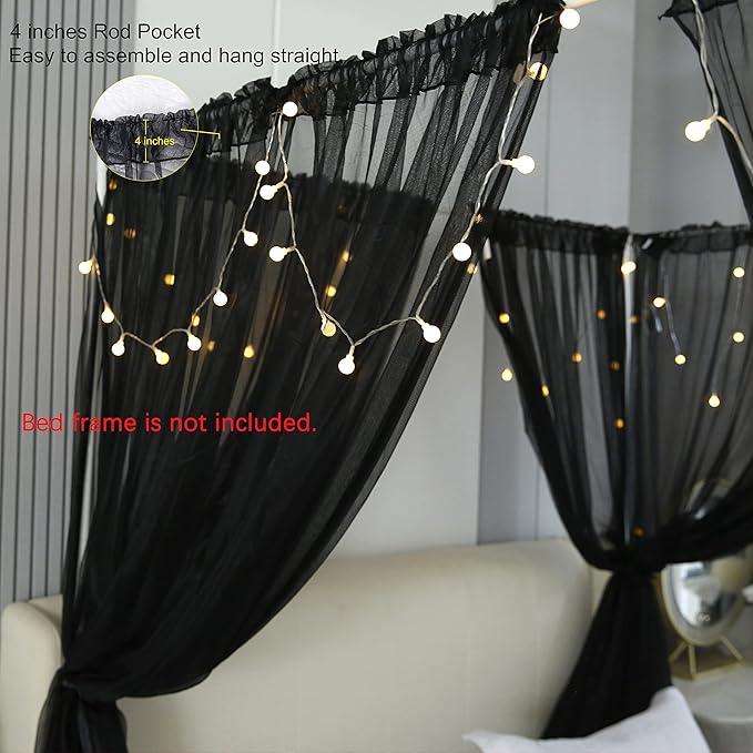 Akiky Canopy for Girls Room Black Bed Curtains Elegant Sheer Curtain for Twin Full Queen King Size Bed Drapes,8 Panels Canopies with Light,Room Décor(King,Black)