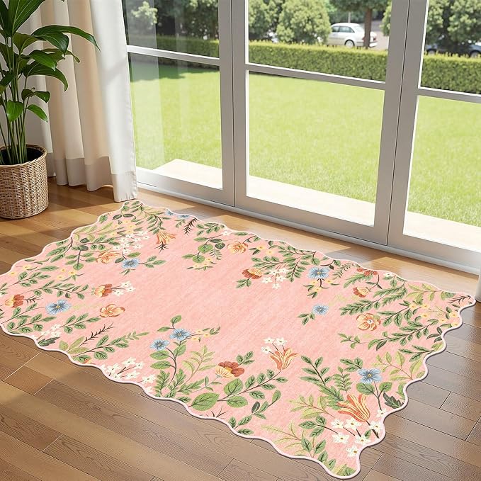 Pink Floral Entry Rug, 3x5 Ft Indoor Outdoor Mats by Othilic