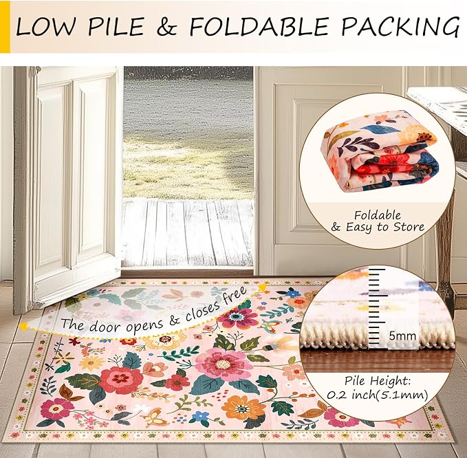 RELEANY Floral Washable 5x8 Area Rugs Pink | Flower Carpet Print Boho Cute Non - Image 5