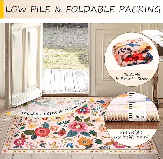 RELEANY Floral Washable Square 5ft Area Rug Pink | Flower Carpet Print Boho - Image 5