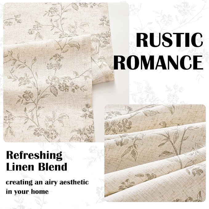 Grey Vintage Floral Linen Curtains Farmhouse 38W X 84L 2 Panels | Elisa Series - Image 3