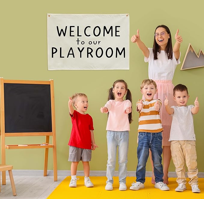 Hanging Rectangular Playroom Banner Flag Poster Wall Art Decoration Gift for Toddler Baby Boy Girl Kids Room Nursery Classroom Play Room Wall Decor-Baby Shower Christmas Gift Welcome to Our Playroom