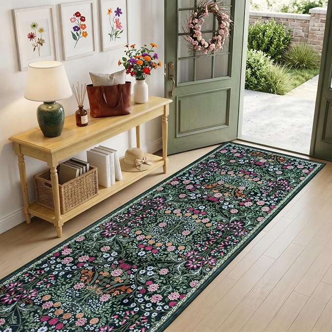 PLHXFR 2.6x14 Washable Runner Rug：Floral Indoor Kitchen Carpet Dark Green | - Image 2