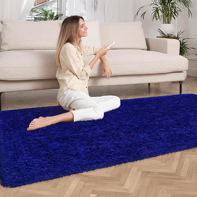 2x6 Bedside Area Rugs for Bedroom Soft Fluffy Shag Navy Blue Rug for Hallway - Image 2