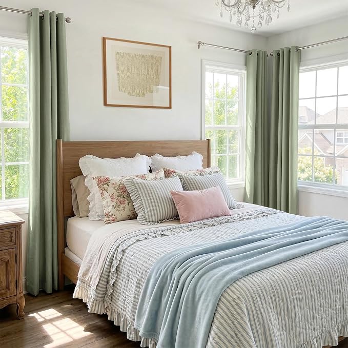 100% Blackout Linen Textured Curtains 80 Inch Long, Sage Green | 100% Blackout - Image 4