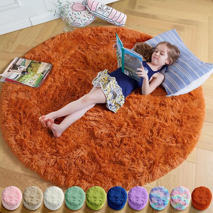 Amdrebio Burnt Orange Fall Round Shag Area Rug 4Ft by Amdrebio