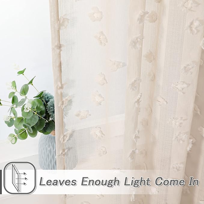 MYSKY HOME Pom Pom Beige Sheer Curtains for Bedroom Girls Room Curtains 72 Inches Long for Nursery Kids Light Filtering Boho Window Drapes, Rod Pocket, 38" Wide, 2 Panels
