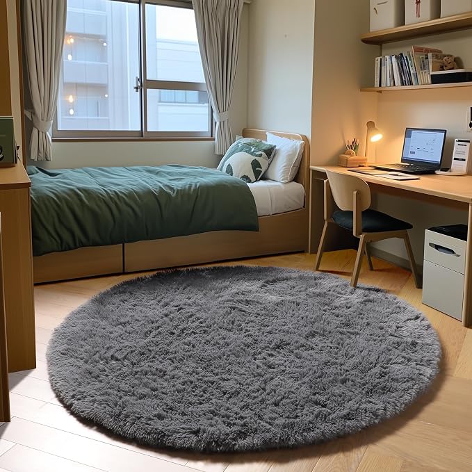 Grey Round Rugs 8ft for Living Room, Fluffy Bedroom Circle Area Rug, Soft Plush - Image 9