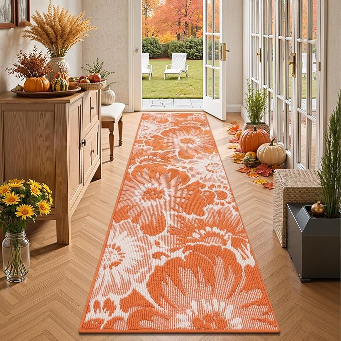 Findosom Fall Runner Rug 2x8, Non Slip High-Low Textured Floral Washable Runner by Findosom