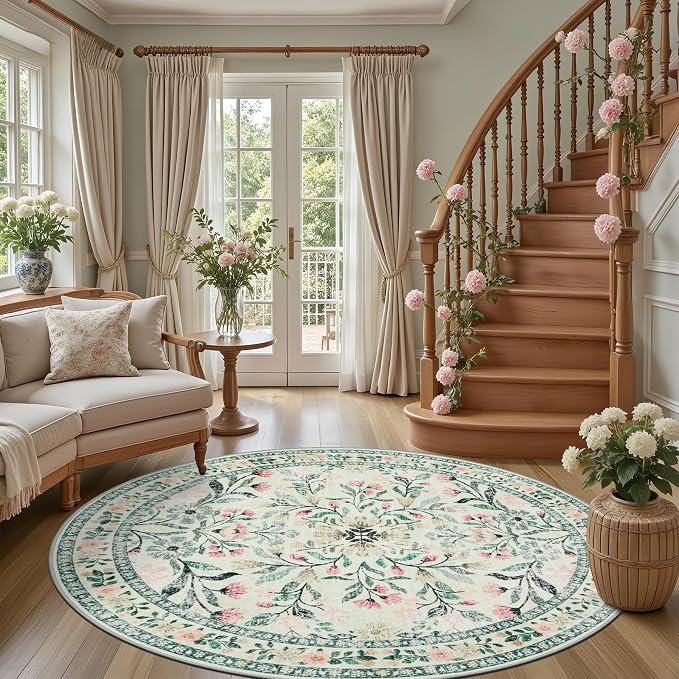 PLHXFR Round Area Rug Living Room: 6 ft Floral Washable Carpet Green Beige | - Image 2