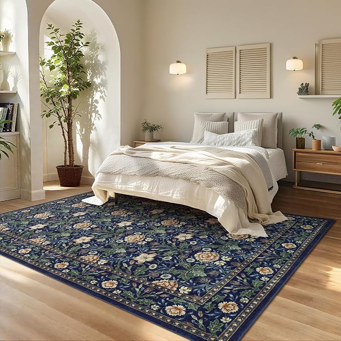 GarveeHome Green Washable Area Rug 5x7, Retro Floral Low Pile Non Slip Living - Image 3