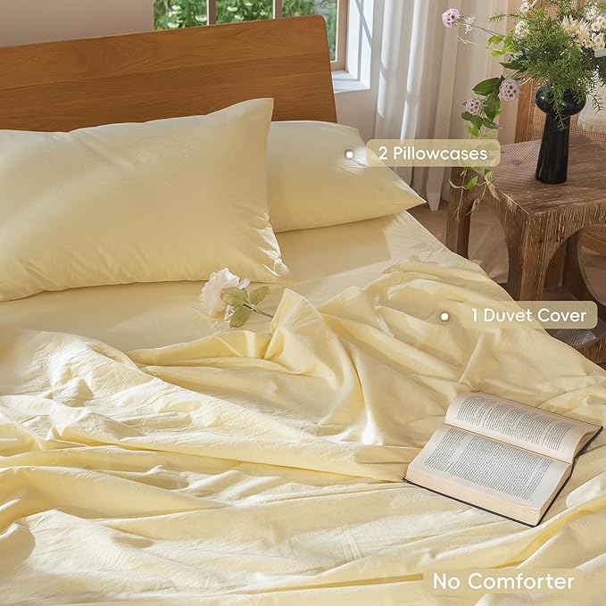MooMee Bedding Duvet Cover Set 100% Washed Cotton Linen Like Textured Breathable Durable Soft Comfy (Heathered Butter Yellow, Super King 108"x98")