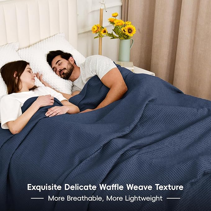 PHF Pre-Washed Cotton Waffle Weave Blanket Throw Size for Bed Couch,Snag Proof Spring Summer Lightweight Breathable,Oeko-TEX Certified,Machine Washable, Home Decor Gift，Dark Navy