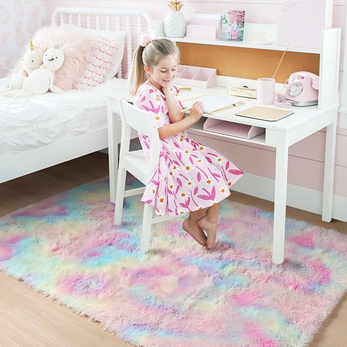 Amdrebio Rainbow Unicorn Pastel Fluffy Small Area Rug 3x5 - Image 3