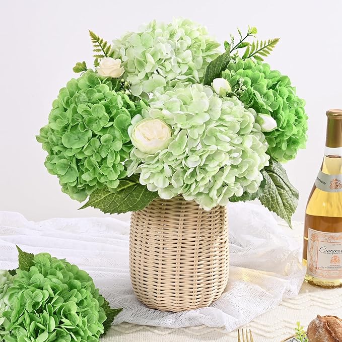 6 Pcs Real Touch Hydrangea Artificial Flowers, 21" Light Green & Dark Green Full Faux Hydrangea Flowers Latex Fake Flowers for Home Decor Party Floral Arrangements Wedding Bouquets Outdoor Decor