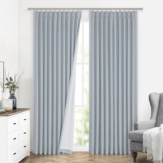 Vision Home Blue Fog Pinch Pleated Full Blackout Curtains Linen Blended Room - Image 2