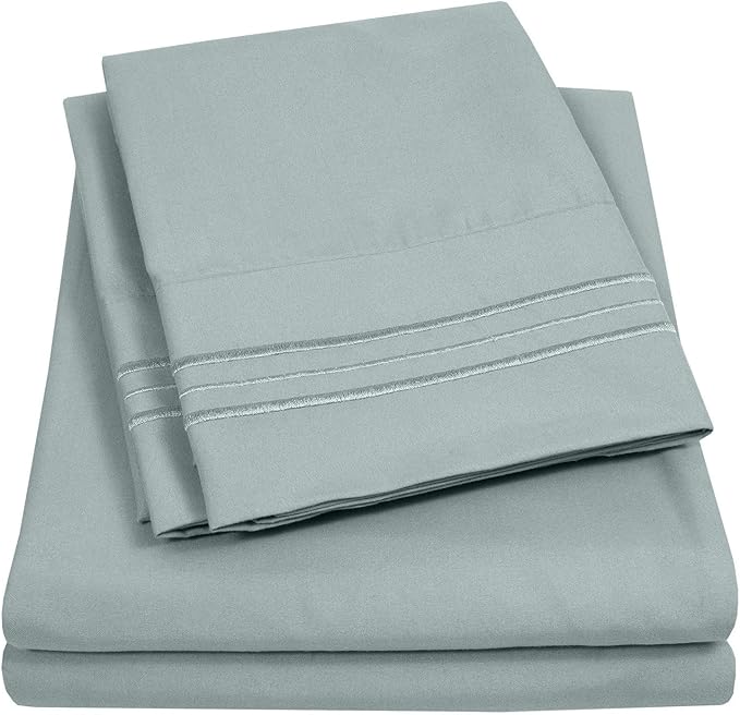 Sweet Home Collection Twin Size Sheet Set with Built-in Sheet Straps - Deep Pocket Fitted Sheet, Flat Sheet & Pillowcases - Soft, Wrinkle-Free, Secure Fit - Slate