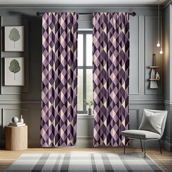 Ambesonne Geometric Window Curtains, Abstract Triangles with Dark and Pale Color Shades, Lightweight Decor 2-Panel Set with Rod Pocket, Pair of - 28" x 63", Dark Purple