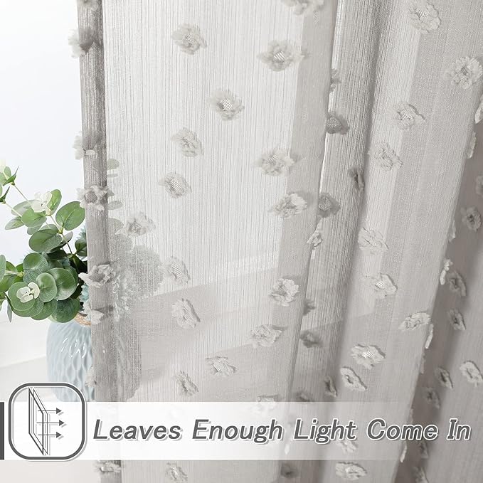 MYSKY HOME Pom Pom Grey Sheer Curtains for Bedroom Girls Room Curtains 72 Inches Long for Nursery Kids Light Filtering Boho Window Drapes, Rod Pocket, 52" Wide, 2 Panels