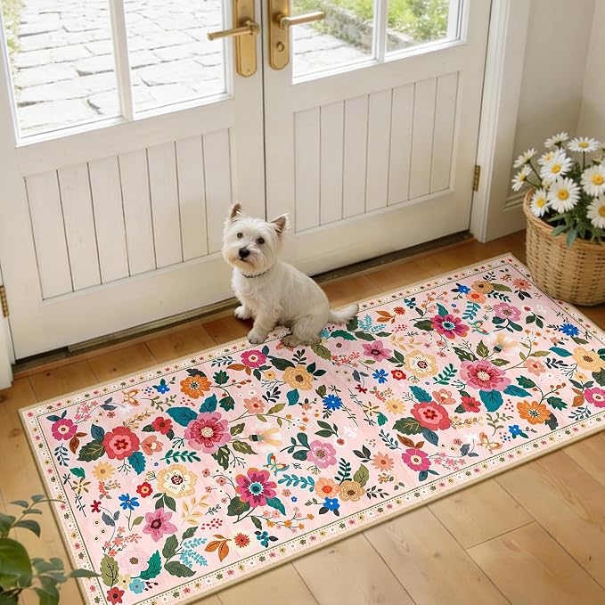 Floral Washable 2x5 Area Rugs Runner Entryway Hallway Pink | Flower Carpet by RELEANY