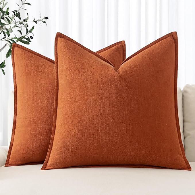 MIULEE Decorative Linen Euro Sham Pillow Covers 24x24 Burnt Orange | Boho by MIULEE