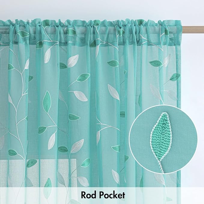 MIULEE Turquoise Sheer Curtains 2 Panels Leaf Patterned, W52 x L63 | - Image 6