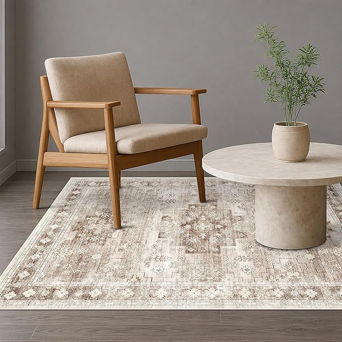 Washable Neutral Farmhouse Living Room Rug, 4x6 Area Rugs by HazoHaus